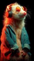 Stylish opossum wearing headphones and sunglasses in a colorful and vibrant setting at night photo
