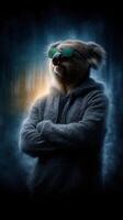 Koala in sunglasses poses confidently while wearing a hoodie amidst a dark, mystical background with a hint of light photo