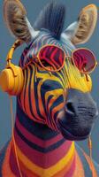 Zebra with vibrant colors and headphones enjoys music in a playful urban environment photo