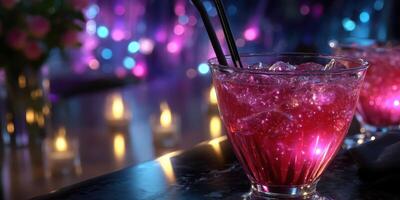 Vibrant cocktail with ice illuminated by colorful lights at a festive bar during evening hours photo
