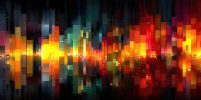 Vibrant abstract digital artwork displaying colorful blocks reflecting light in a dynamic arrangement at dusk photo