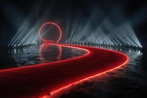Glowing red pathway leads to illuminated circular structure on calm water at night photo
