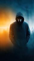 Mysterious figure wearing a hoodie with a bear head stands against a contrasting background of orange and blue hues photo