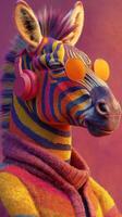 Stylish zebra wearing sunglasses and headphones poses in colorful attire against a vibrant backdrop photo