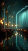 Elegant vintage cinema interior with neon lighting and plush seating creating a nostalgic atmosphere photo