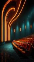 Unique modern theater interior with vibrant lighting and comfortable seating designed for an immersive viewing experience photo
