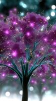Bright purple tree with glowing branches and intricate network design in a surreal environment photo