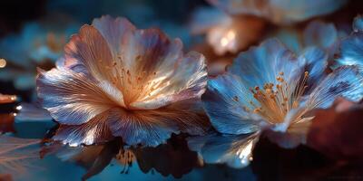 Softly glowing flowers create a serene atmosphere on a tranquil pond during the evening hours photo