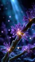 Colorful microscopic view of coral structures illuminated by light in a deep underwater environment photo