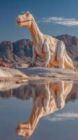 Realistic dinosaur sculpture reflects in serene water setting at a scenic desert location under clear blue sky photo