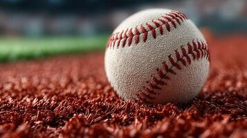 Baseball resting on red turf in a sports venue during an afternoon game photo
