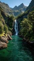 Majestic waterfall cascading into serene turquoise waters surrounded by mountains in a lush valley during bright daylight photo