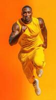 Energizing runner in vibrant yellow attire sprints against a bright orange backdrop, showcasing strength and determination photo