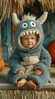 Cute toddler in a monster costume sitting on a wooden platform surrounded by pumpkins in a cozy autumn setting photo