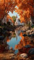 Beautiful autumn landscape with a church and colorful foliage reflecting on calm water in a serene village photo