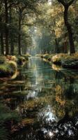 Tranquil forest stream reflecting autumn foliage and sunlight in a serene natural landscape photo