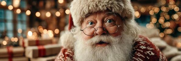 Holiday season joy expressed by a smiling Santa Claus surrounded by festive decorations and wrapped gifts photo