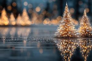 Beautifully illuminated miniature Christmas trees shining by the water at twilight during the holiday season photo
