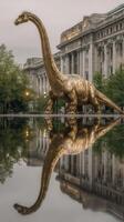 Giant dinosaur sculpture stands majestically in front of historic building at dawn reflecting in calm water photo