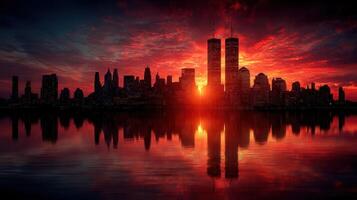 Stunning sunset over city skyline with iconic twin towers reflecting on water photo