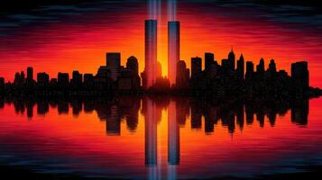 Sunset over skyline with twin towers illuminated by beams of light reflecting on water photo