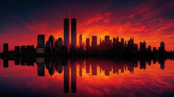 Sunset skyline reflection of a city with iconic twin towers under vibrant colors photo
