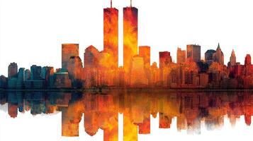 Cities ablaze with flames reflecting off water during a dramatic sunset in a metropolitan skyline photo