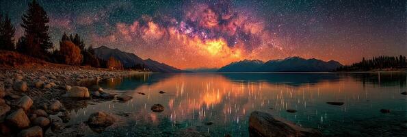 Starry night sky over tranquil lake reflecting vibrant colors in a remote mountain region at dusk photo