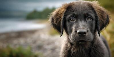Adorable black puppy gazes curiously in a serene natural setting by a lake during the day photo