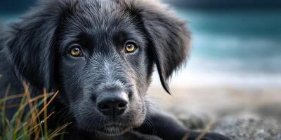 Black puppy resting on a grassy shore near the beach with ocean in the background during a calm afternoon photo