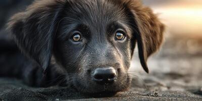 Playful black puppy resting on the sandy beach during sunset, capturing tranquility and innocence photo