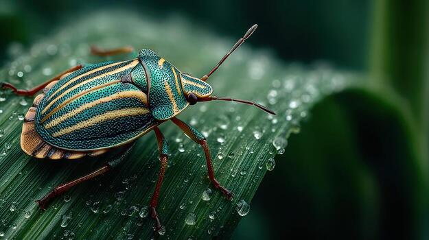 Colorful beetle resting on green leaf covered with dew drops in a natural environment during daylight photo