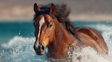Brown horse splashes through waves on a sunny beach during a warm afternoon at the coast photo
