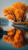 Majestic autumn trees reflecting in a tranquil river at sunset in a serene landscape photo