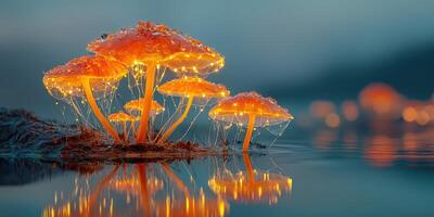 Glowing mushrooms illuminate a serene lakeside at dusk with water droplets enhancing their vibrant colors photo