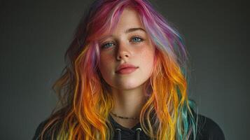Vibrant portrait of a young person with colorful hair and striking blue eyes against a neutral background photo