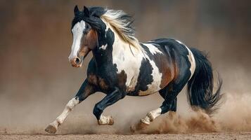 Horse running swiftly across a dusty landscape during sunset in an open field photo