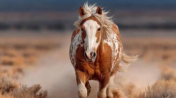 Running horse galloping through dusty plains under a dramatic sky at sunset in the wild photo
