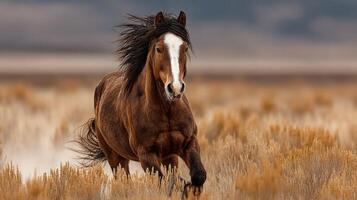 Majestic horse running freely across golden plains during golden hour in a serene natural landscape photo