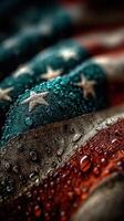 American flag adorned with water droplets showcases colors and textures in a close-up view photo