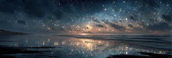Night sky filled with stars reflecting on a calm ocean surface under a beautiful celestial display photo