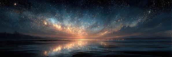 Stunning night sky over tranquil water reflecting the galaxy and celestial wonders at dusk photo
