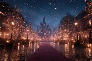 Enchanting winter evening with twinkling lights and a majestic castle in the background during a festive celebration photo