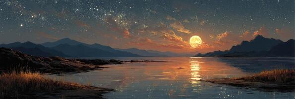 Sunset over tranquil lake with mountains in the background and starry sky above during twilight photo