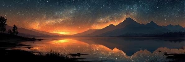 Majestic sunset reflecting on tranquil lake with starry night sky and mountains in background photo