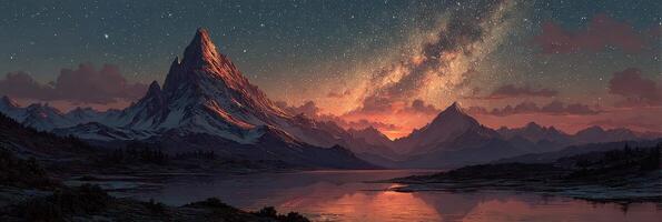Majestic mountain landscape under a starry night sky with a shimmering lake reflection photo