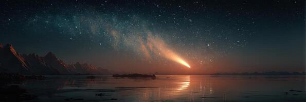 Stunning view of a comet streaking across a starry sky over a tranquil lake at dusk photo