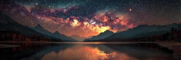 Stunning nighttime view of a serene lake under a starry sky with vibrant colors of the Milky Way reflecting on the water photo