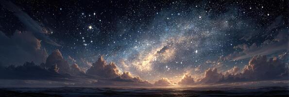 Vast night sky above the ocean illuminated by countless stars and glowing clouds at twilight photo