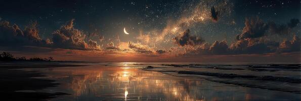 Beautiful sunset over calm ocean with crescent moon and clouds reflecting on the shore photo